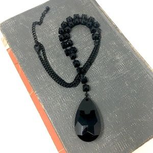 Black Acrylic Faceted Teardrop Pendant and Square Rhinestone Choker Necklace